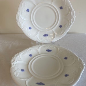 May include: Two white ceramic plates with a raised floral design and blue floral accents. The plates have a scalloped edge and a center well.