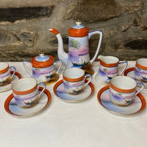 Vintage Hand Painted Japanese Chikaramachi 13 piece Coffee Set