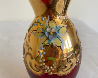 Petit vase vintage en verre rubis doré et peint à la main