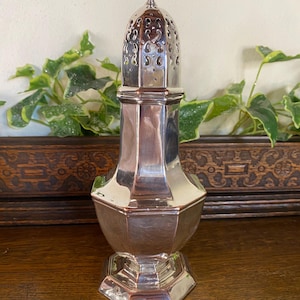 Puede incluir: Un azucarero plateado antiguo con una tapa decorativa calada. El azucarero tiene un cuerpo facetado y una base de pedestal. El fondo incluye vegetación y una superficie de madera.