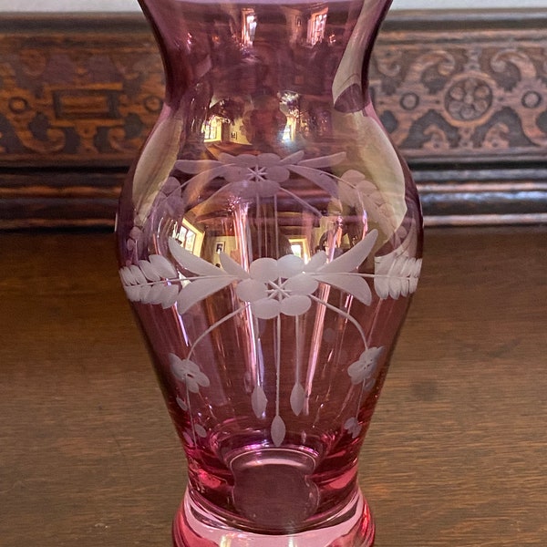 Vintage Light Cranberry Pink Etched Glass Vase