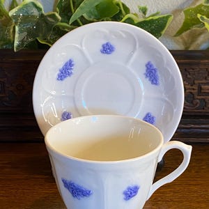 May include: White porcelain teacup and saucer set, featuring embossed blue floral patterns. The teacup has a handle and a gently curved rim. The saucer complements the cup's design. Ideal for serving tea or coffee.