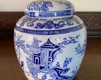 Pot à gingembre bleu et blanc vintage antique
