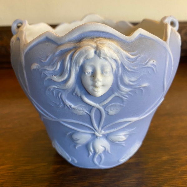 Antique Art Nouveau Bisque Blue & White Plant  Pot Vase