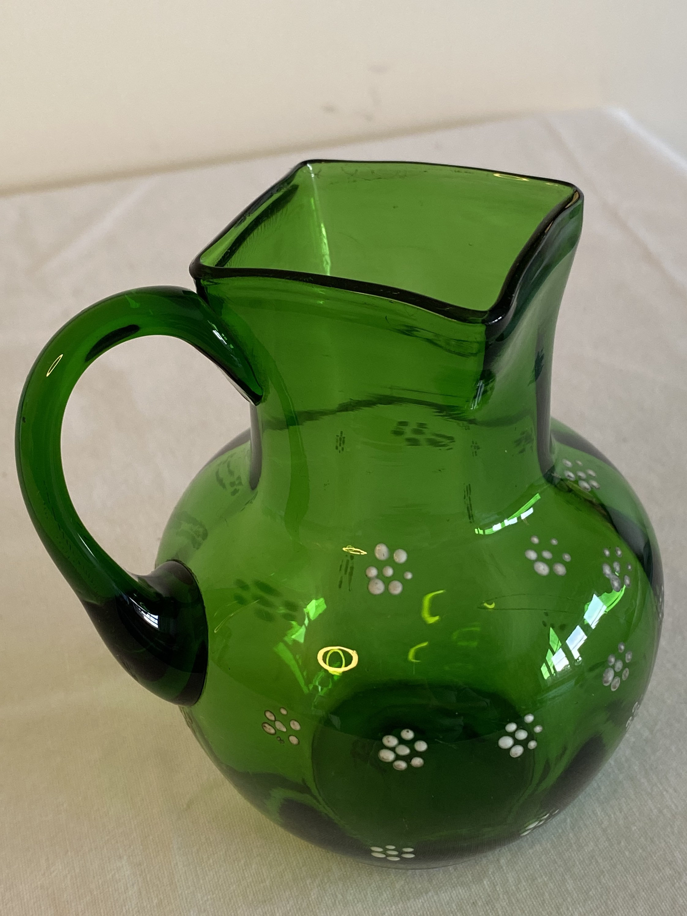 Lovely Antique Hand Blown Enamelled Green Glass Jug Etsy