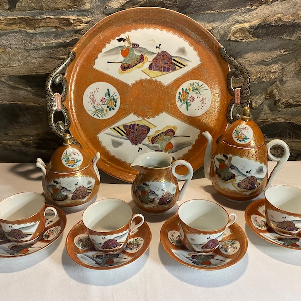 Antique Fine Porcelain Signed Kutani Tea Set & Tray