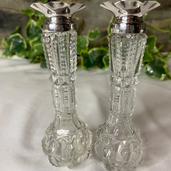 Beautiful Pair Cut Glass Silver Topped Vases 1902 A & J Zimmerman, Birmingham