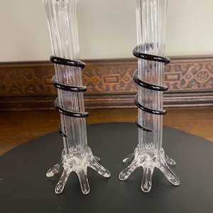 Pair Unusual Vintage Hand Blown Glass Bud Vases