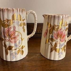 Beautiful Pair Antique Graduated Fluted Gilded Pitchers Jugs