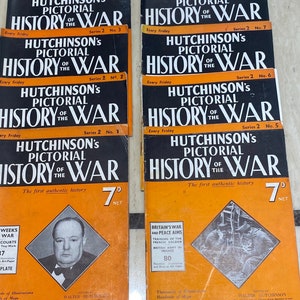 以下が含まれることがあります： 「ハッチンスンの戦争の図解史」と題された、8冊のヴィンテージ雑誌のセット。各雑誌は異なる表紙画像を持ち、7dネットの価格が記載されています。雑誌はシリーズの一部であり、1から8まで番号が付けられています。表紙はオレンジと黒で、白いテキストが書かれています。