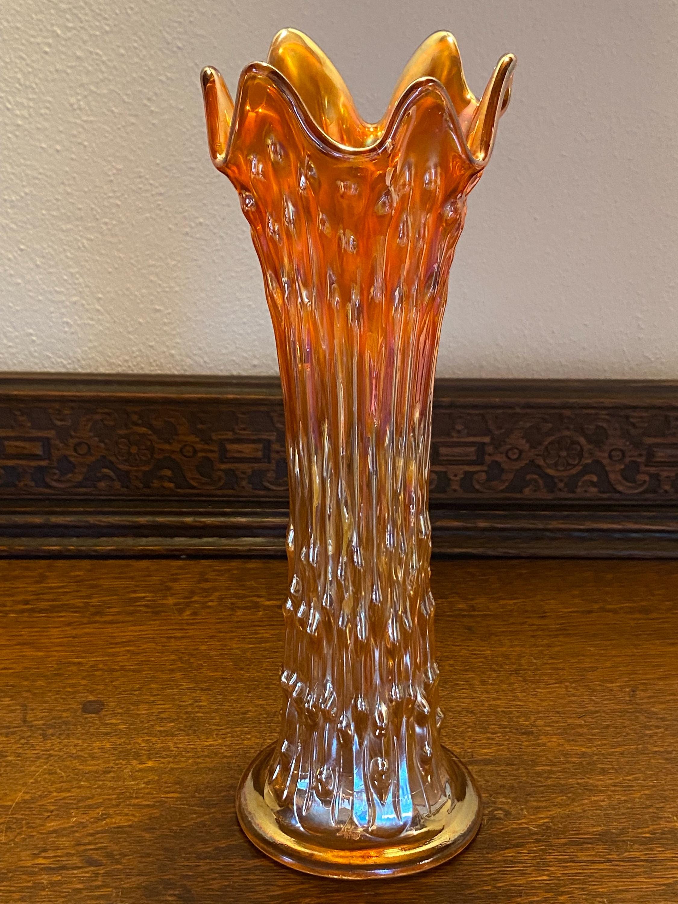 Antique Carnival Swung Glass Vase Marigold Fenton April  Vintage Fenton April Showers Marigold Carnival Glass Vase 12.5\