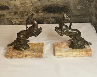 Pair Heavy Art Deco Spelter And Marble Leaping Gazelle Garnitures/Bookends