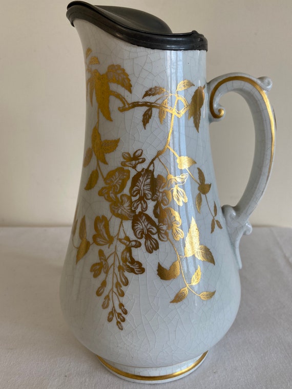 Antique Water Jug With Pewter Lid and Gilded Decoration Etsy
