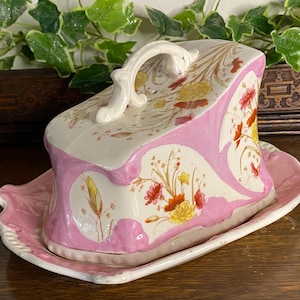 Large Antique Hand Painted Pink Victorian Cheese Dish