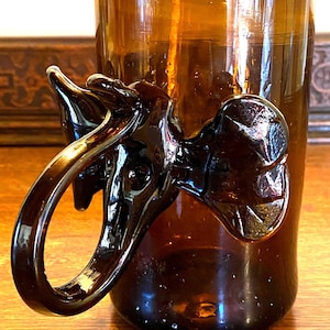 Vintage Hand Blown Amber Glass Elephant Handle Tankard Vase
