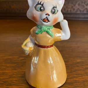 Vintage Mid Century Porcelain Orange Lustre Cat Bell