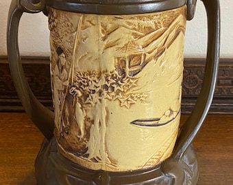 Antique Bretby Art Pottery Vase | Twin Handled Oriental Scene Jardiniere