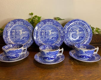 Trois trios vintage bleus et blancs de Spode, italiens des années 1950-70