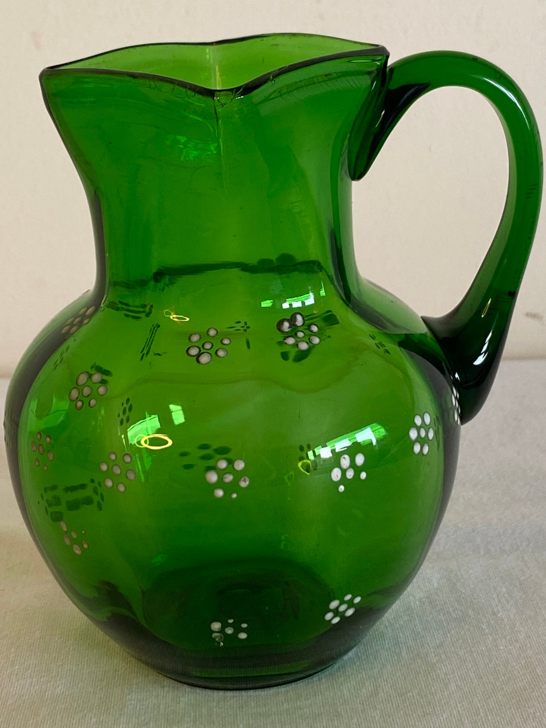 Lovely Antique Hand Blown Enamelled Green Glass Jug Etsy
