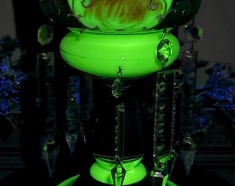Antique Uranium Glass Vase, Bohemian Vaseline Crystal Drops, Victorian Portrait Lustre