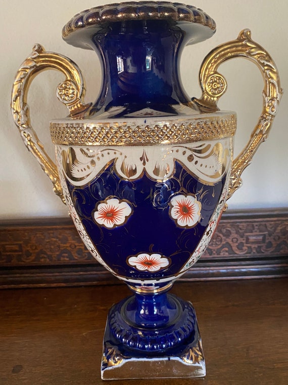 Antique Imari Style Vase: Gilded Cobalt Blue Victorian Decor