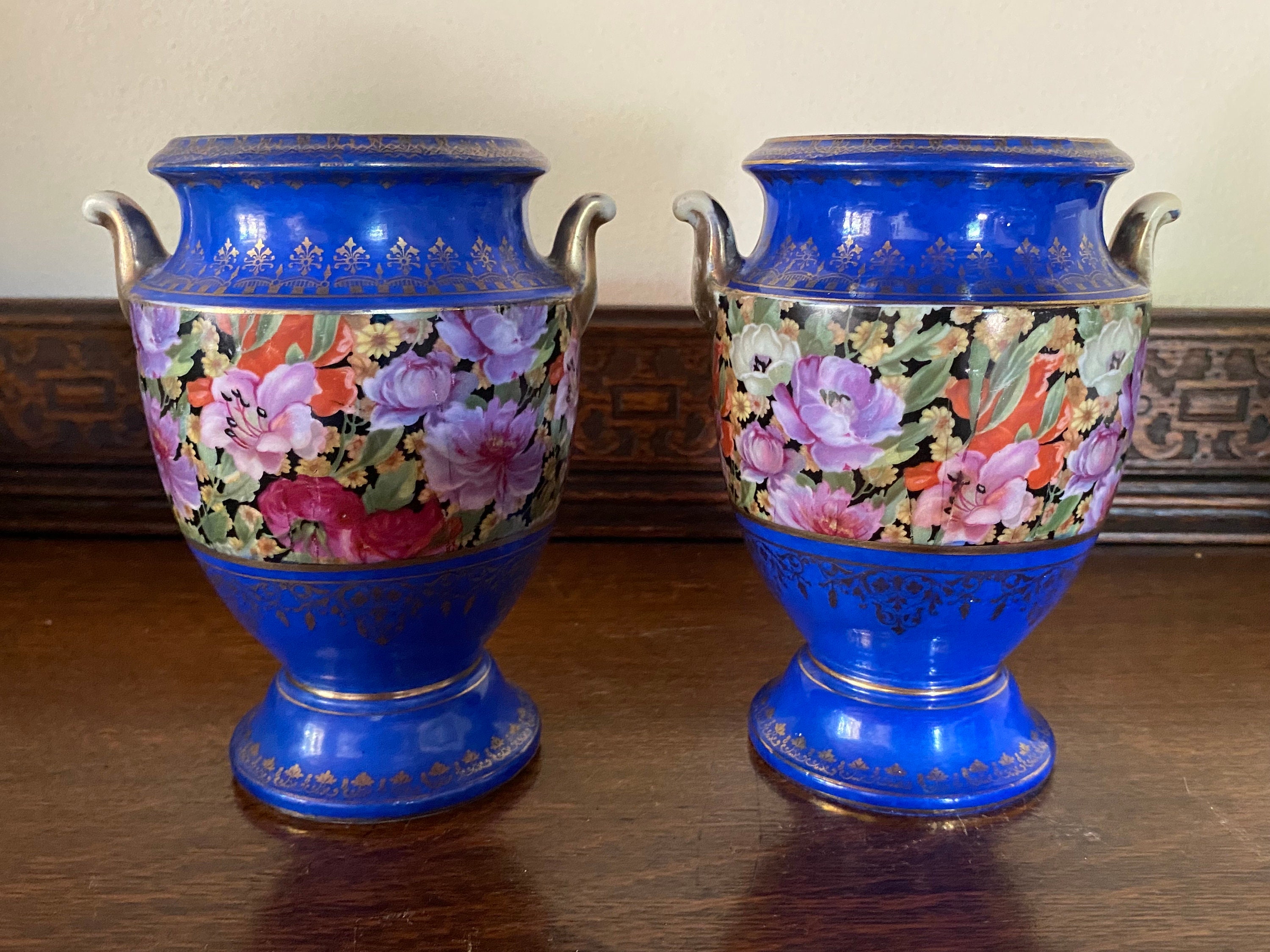 アンティークとヴィンテージ....). Vintage Pair Chintz Style Blue Porcelain Vases - Etsy