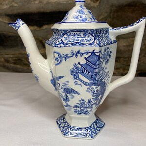 Vintage Wood & Sons Orient Muster Kaffeekanne 1930er Art Deco Blau und Weiß