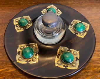 Large Antique Brass & Malachite Set Coromandel Inkwell Stand