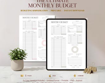Budget mensile stampabile, registro mensile di entrate e uscite, budget mensile stampabile, PDF, A4, A5, US Letter, download immediato