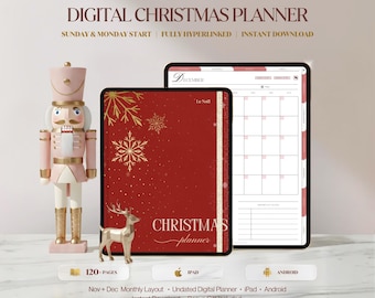 May include: A digital Christmas planner displayed on a tablet screen with a red cover featuring gold snowflakes and the text "Le Noël" and "CHRISTMAS planner". A pink and gold nutcracker and a gold reindeer figurine are positioned nearby.