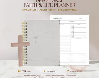 May include: A light gray spiral-bound planner titled Everlasting Light with a cross icon, accompanied by a Daily Devotion page layout. The text reads Devotional Faith & Life Planner, Monday Start, Undated Format, Instant Download, and 570+ Pages.