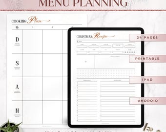May include: A minimalist Christmas menu planning set with a Cooking Plan and Recipe template. The set includes a printable 24-page iPad and Android version. The design is available in 4 colours and A4, A5, and US Letter sizes. The text includes "Christmas Menu Planning" and "Christmas Recipe".