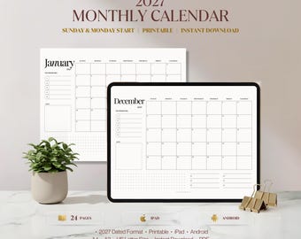 2027 Monthly Calendar, 2027 Minimalist Monthly Planner, Landscape Sunday & Monday Start, A4, A3, US Letter, Instant Download