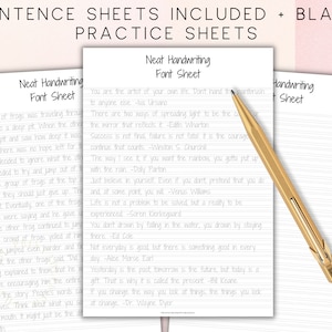 May include: Two pages of lined paper with the title "Neat Handwriting Font Sheet" at the top of each page. The pages are filled with inspirational quotes about success, life, and happiness. A gold pen is lying on the right side of the image.