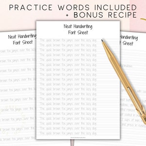 May include: Two printable handwriting practice sheets with the phrase "The quick brown fox jumps over the lazy dog" repeated multiple times. The sheets are designed to help improve handwriting skills. A gold pen is shown on the right side of the image.