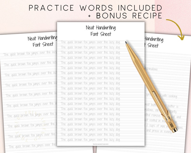May include: Two printable handwriting practice sheets with the phrase "The quick brown fox jumps over the lazy dog" repeated multiple times. The sheets are designed to help improve handwriting skills. A gold pen is shown on the right side of the image.