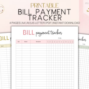 Printable Bill Payment Tracker, Bill Payment Checklist, Monthly Bill Payment Log, Yearly Bill Planner, Instant Download, PDF, A4, A5, US Let