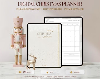 May include: A digital Christmas planner displayed on a tablet screen, featuring a white cover with gold accents and the text 'CHRISTMAS planner'. Beside it stands a pink and gold nutcracker and a small gold reindeer figurine on a marble surface.