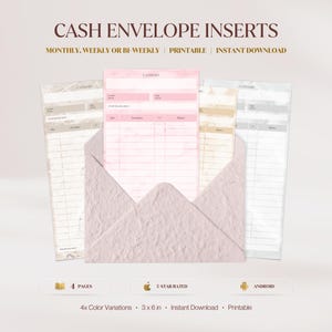 May include: A light pink envelope with cash envelope inserts. The inserts are in various colors, including pink, beige, and gray. The text on the image reads "CASH ENVELOPE INSERTS" and "MONTHLY, WEEKLY OR BI-WEEKLY PRINTABLE INSTANT DOWNLOAD". The inserts are 3 x 6 inches.