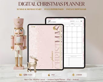 May include: A digital Christmas planner displayed on two tablets, featuring a pink cover with gold text reading "CHRISTMAS planner" and "Le Noël," alongside a pink nutcracker and a gold reindeer figurine. The screen shows a December calendar layout.