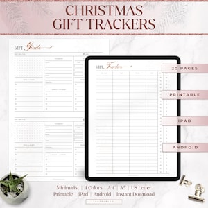 May include: A digital Christmas gift tracker with the text "CHRISTMAS GIFT TRACKERS". The image shows a gift guide and a gift tracker on a tablet. The tracker is minimalist and printable, with options for iPad and Android.