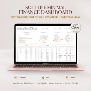 May include: A rose gold MacBook Pro displaying a finance dashboard. The screen shows charts and tables with the text "SOFT LIFE MINIMAL FINANCE DASHBOARD". Additional text includes "MONTHLY, WEEKLY OR BI WEEKLY | CANVA SHEETS | INSTANT DOWNLOAD".