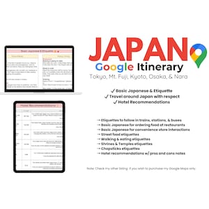 Puede incluir: Un itinerario de Google Maps para un viaje a Jap&oacute;n, con un logotipo rojo y blanco con la palabra "JAP&Oacute;N" y un pin verde. El itinerario incluye recomendaciones para las reglas b&aacute;sicas de la etiqueta japonesa, consejos de viaje y recomendaciones de hoteles. El texto "Tokio, Monte Fuji, Kioto, Osaka y Nara" tambi&eacute;n est&aacute; incluido.