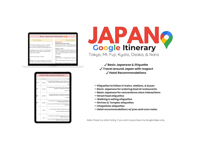 Puede incluir: Un itinerario de Google Maps para un viaje a Jap&oacute;n, con un logotipo rojo y blanco con la palabra "JAP&Oacute;N" y un pin verde. El itinerario incluye recomendaciones para las reglas b&aacute;sicas de la etiqueta japonesa, consejos de viaje y recomendaciones de hoteles. El texto "Tokio, Monte Fuji, Kioto, Osaka y Nara" tambi&eacute;n est&aacute; incluido.