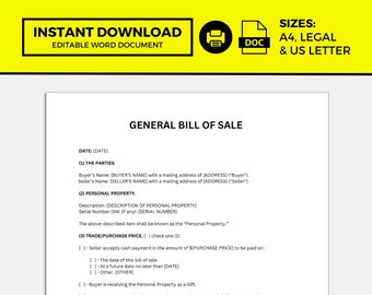 General Bill Of Sale, General Bill Of Sale Template