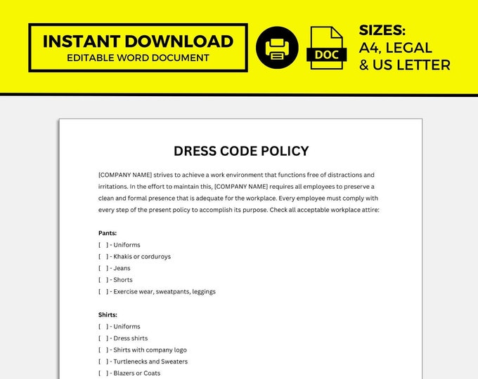 Dress Code Policy, Dress Code Policy Template - Etsy