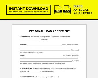 Personal Loan Agreement, Personal Loan Template, Loan Contract, Loan Agreement, Loan Templates, Personal Loan