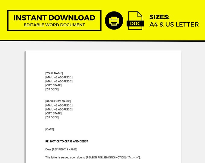 Cease and Desist Letter Cease and Desist Letter Template Etsy
