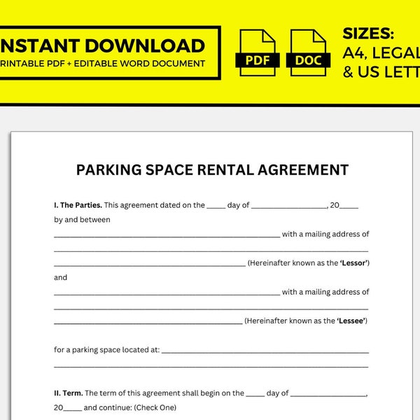 Editable Parking Space Rental Agreement Etsy Canada