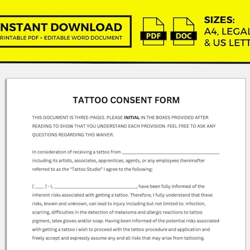 Tattoo Consent Form Tattoo Waiver Form Tattoo Release Form Etsy UK